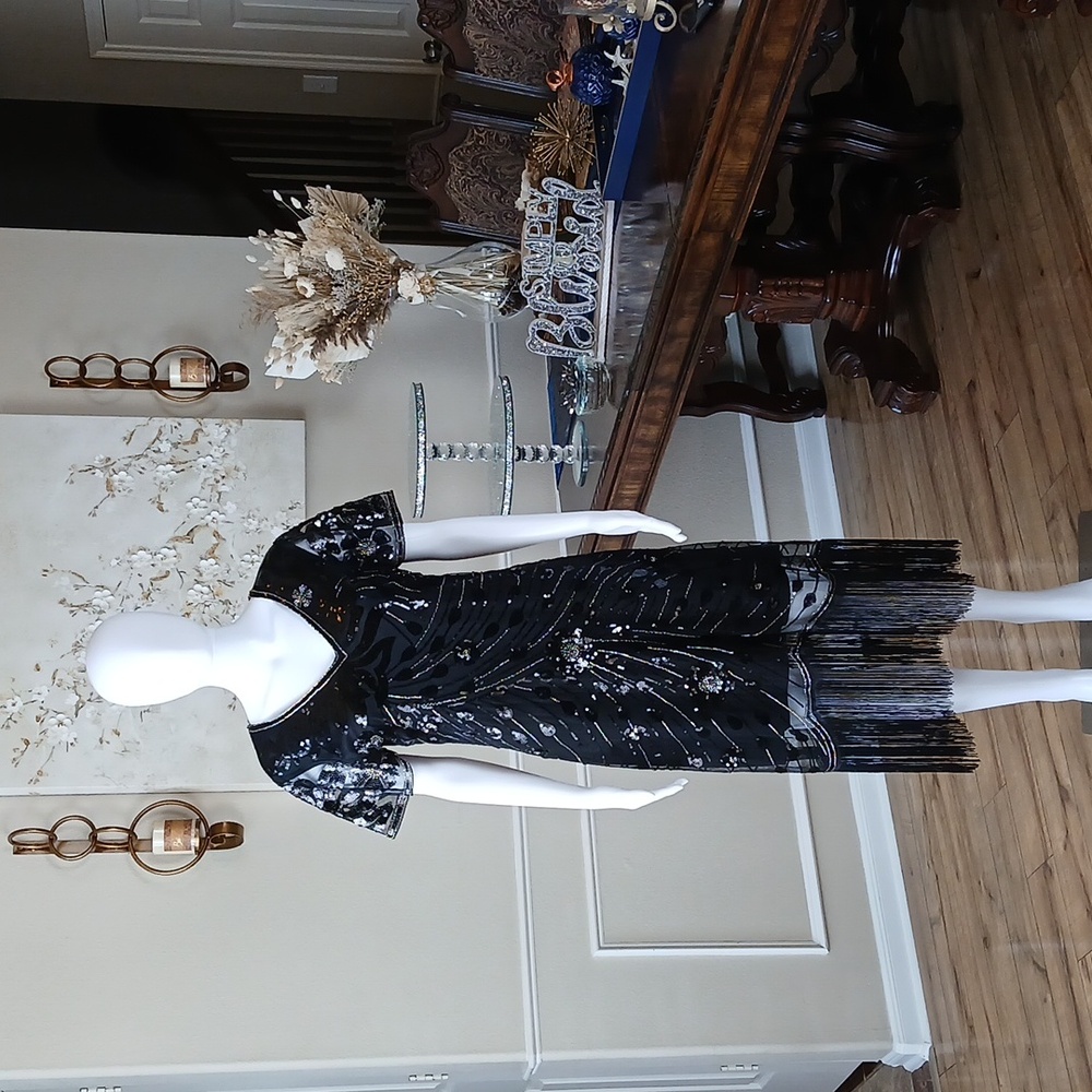 New Black Beaded Gatsby Flapper Cocktail V-neck Dress By Yessa. Size L - Picture 10 of 17